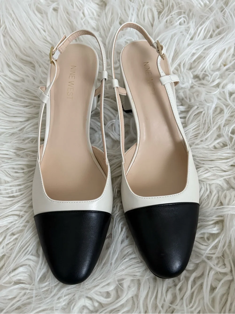 Nine West Black & White Cap Toe Block Heel Slingback Sandals Size 10